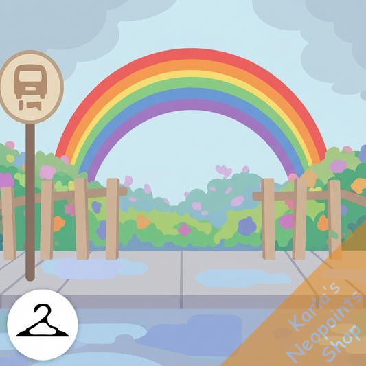 Rainy Bus Stop with a Rainbow Background
